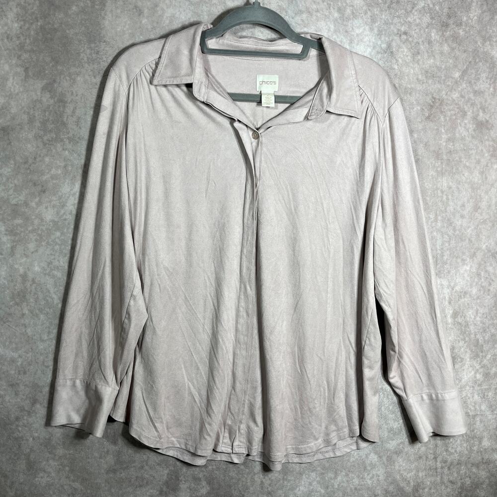 Chico's Shirt Women‎ Size 2 US Large Pink Microsuede Long Sleeve Button Casual